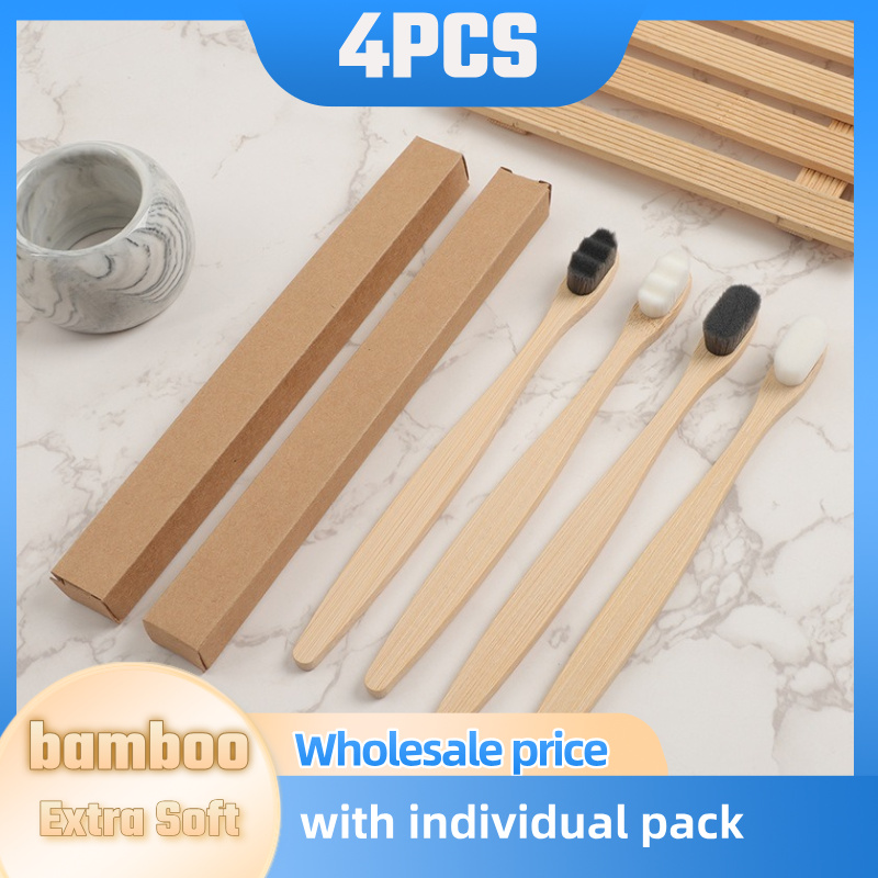 Bamboo Toothbrush - 歯茎が弱い方にも優しい、超柔らかい竹製歯ブラシ4本セット。個別の紙箱入り。