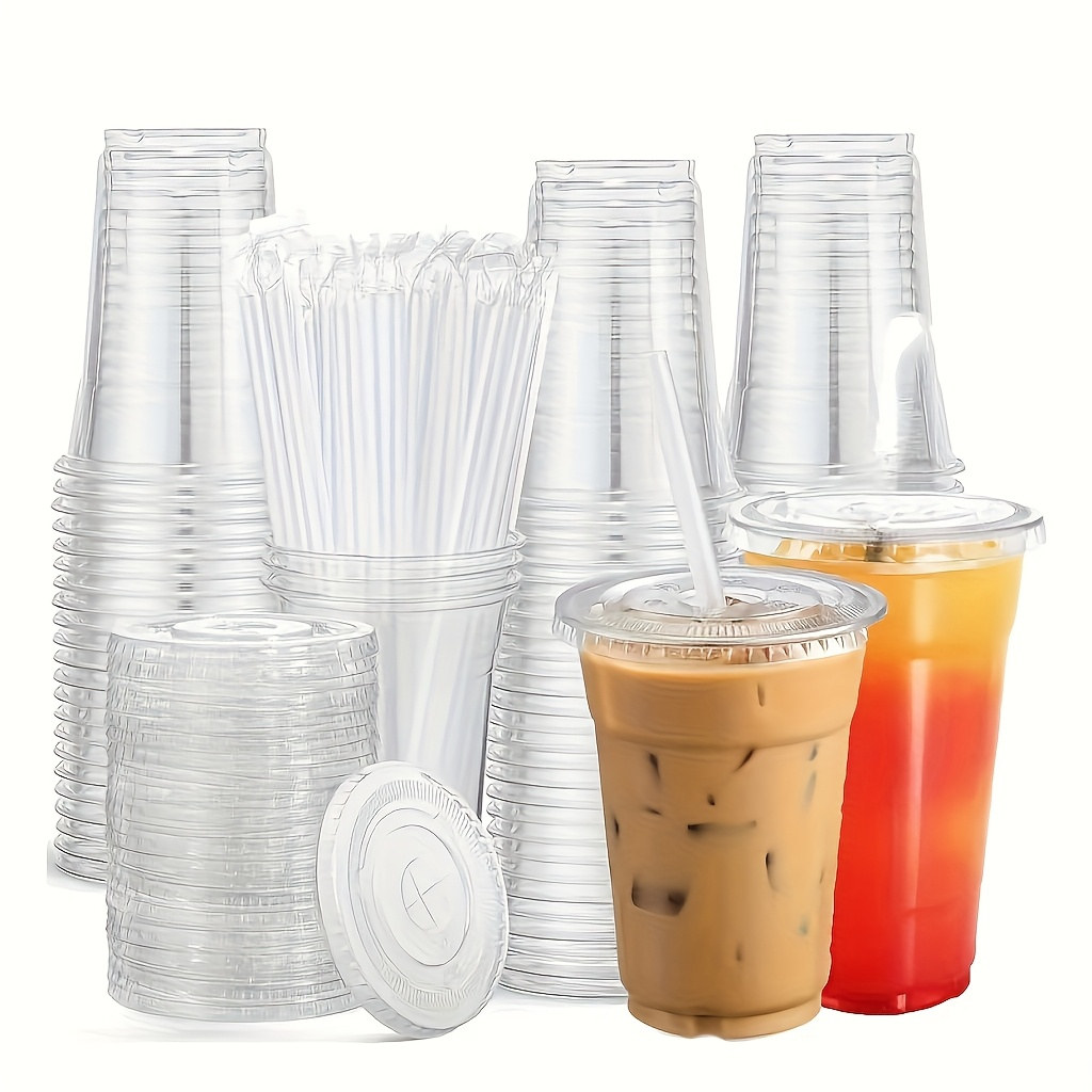 Reusable Straw - 透明なプラスチック製のカップ。平らな蓋とストロー付きで、繰り返し使用可能。アイスクリームやアイスコーヒー、休暇中のイベント、キャンプ、パーティーなどに最適。
