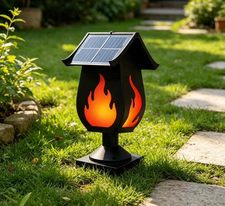 Solar Garden Light - ソーラー式の柱型ライト。炎を模したデザインで、屋外での使用に適しており、防水機能付き。庭や中庭、景観の装飾に最適。