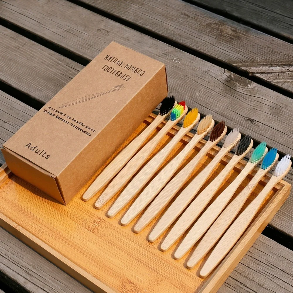 Bamboo Toothbrush - 10 個のカラフルな歯ブラシ天然竹歯ブラシセット柔らかい毛炭歯エコ竹歯ブラシ