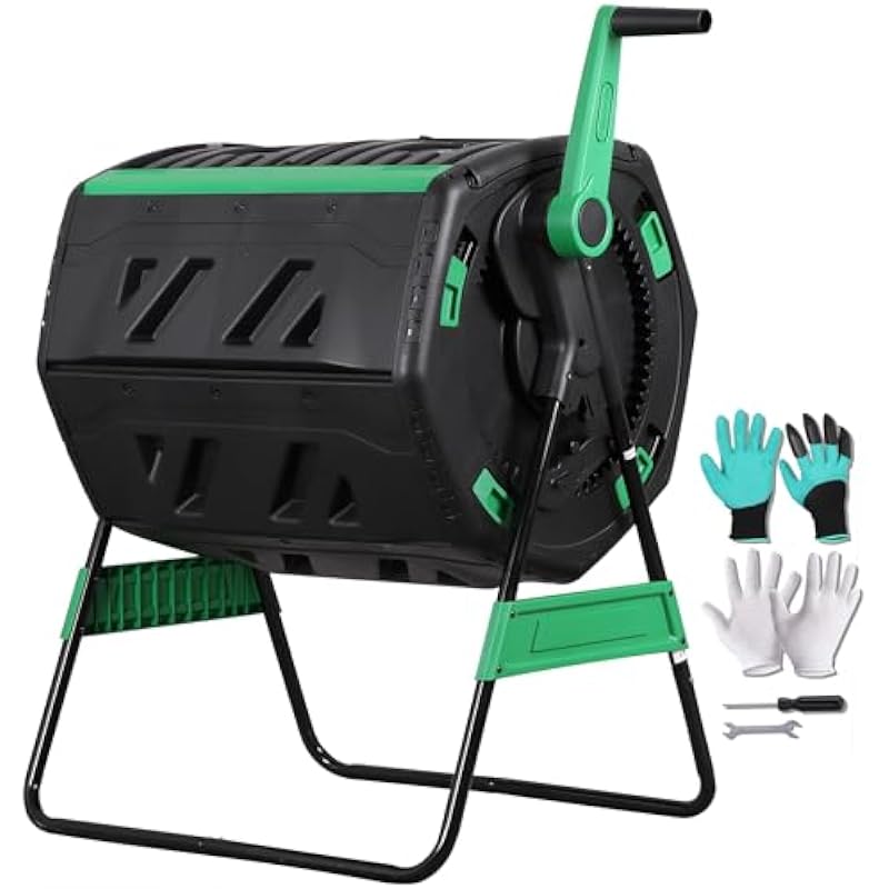Compost Bin - 53ガロンの2分割式回転式コンポストボックス。人間工学に基づいたフル回転式クランクハンドル、2段階のロック機構、調整可能なスライド式。