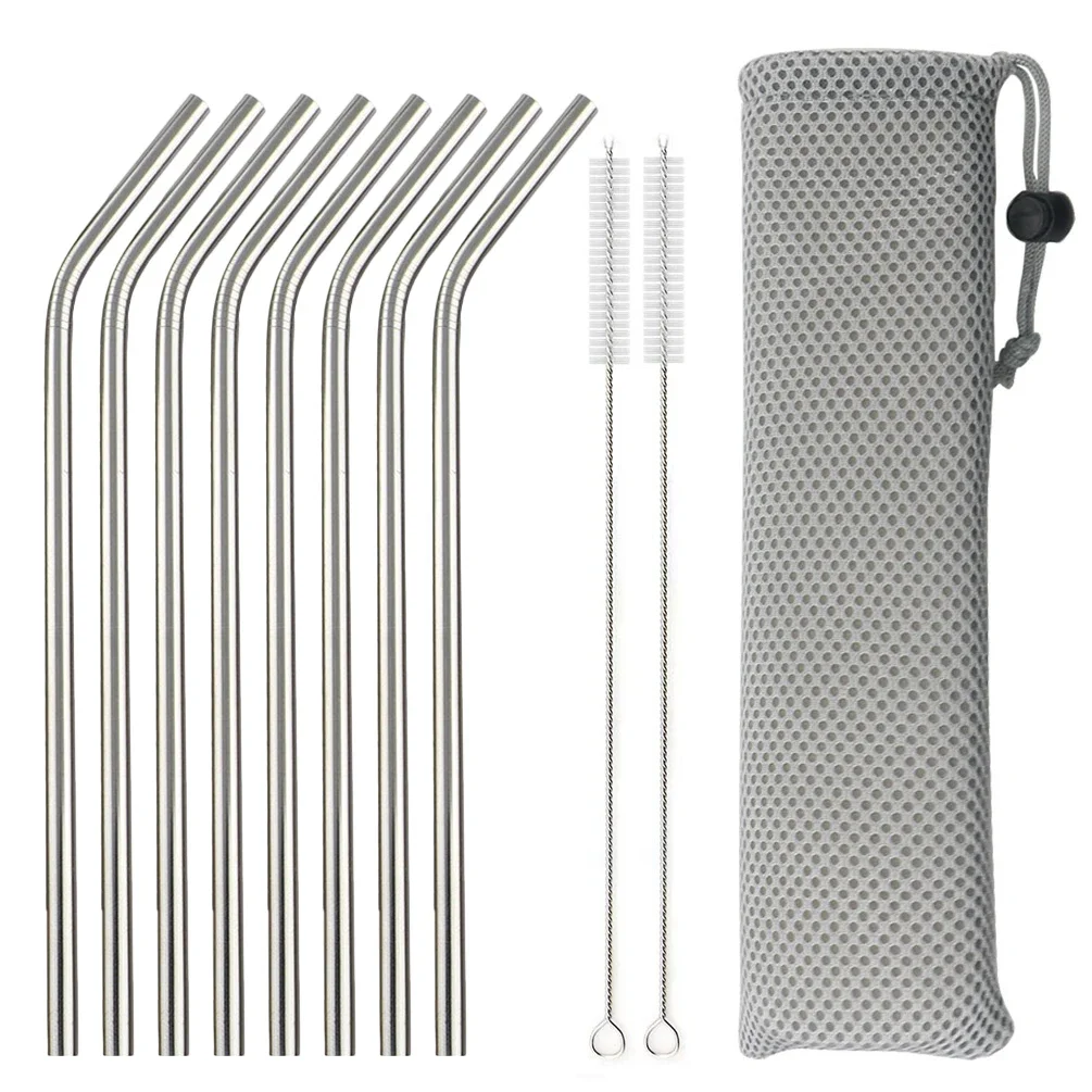 Reusable Straw - 5/10 個再利用可能な飲料用ストロー 304 ステンレス鋼ストローストレートベントメタルストロークリーナーブラシポーチ付き卸売