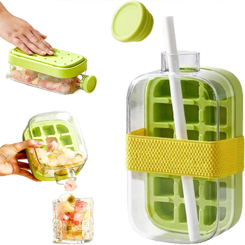 Reusable Bottle - 2in1プレス式冷却カップウォーターボトル、アイスモールド付き、蓋付きノータッチ製氷機、ウイスキーカクテル用、再利用可能、携帯用