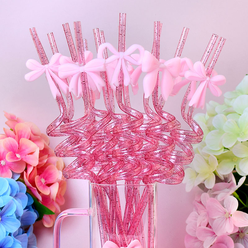 Reusable Straw - 再利用可能なグリッタースパイラルストロー（4/8/12/16本入り）に可愛いリボン付き—テーマイベントやその他の特別なパーティーに最適です。