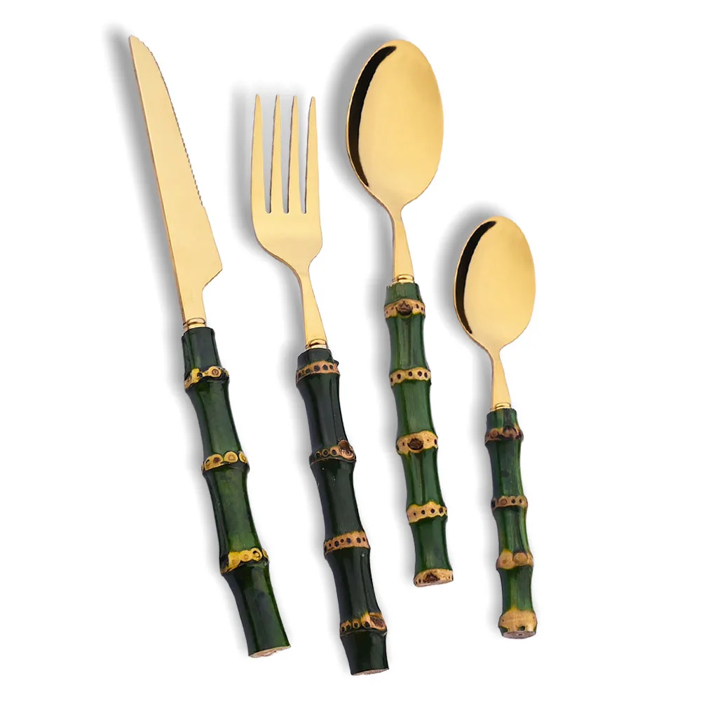 4 個天然竹ハンドル食器セットグリーンハンドルステンレス鋼カ - Bamboo Cutlery のレビューと価格